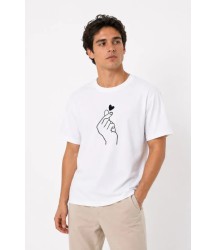 Erkek Kore Parmak Kalp Aşk Temalı Minimal Baskılı Tişört Yazlık Kısa Kol T-Shirt - Beyaz