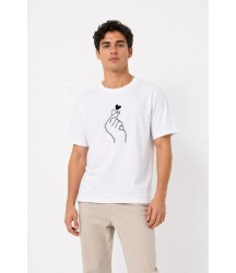 Erkek Kore Parmak Kalp Aşk Temalı Minimal Baskılı Tişört Yazlık Kısa Kol T-Shirt - Beyaz