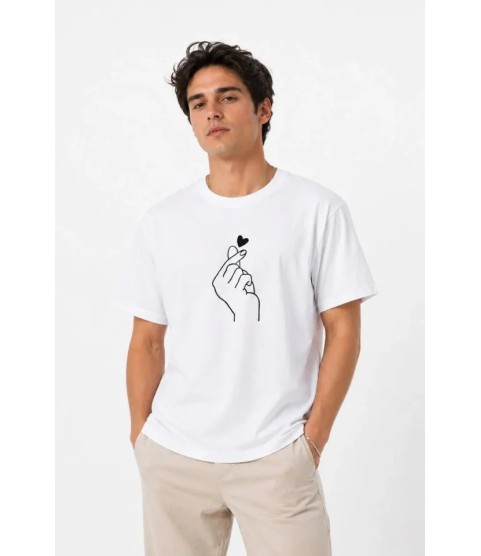 Erkek Kore Parmak Kalp Aşk Temalı Minimal Baskılı Tişört Yazlık Kısa Kol T-Shirt - Beyaz