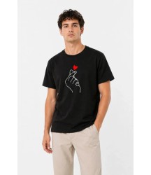 Erkek Kore Parmak Kalp Aşk Temalı Minimal Baskılı Tişört Yazlık Kısa Kol T-Shirt - Siyah