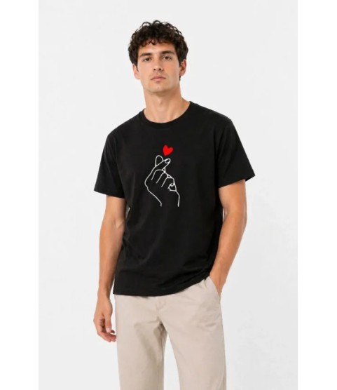Erkek Kore Parmak Kalp Aşk Temalı Minimal Baskılı Tişört Yazlık Kısa Kol T-Shirt - Siyah