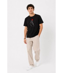 Erkek Kore Parmak Kalp Aşk Temalı Minimal Baskılı Tişört Yazlık Kısa Kol T-Shirt - Siyah