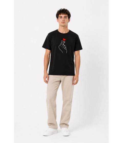 Erkek Kore Parmak Kalp Aşk Temalı Minimal Baskılı Tişört Yazlık Kısa Kol T-Shirt - Siyah