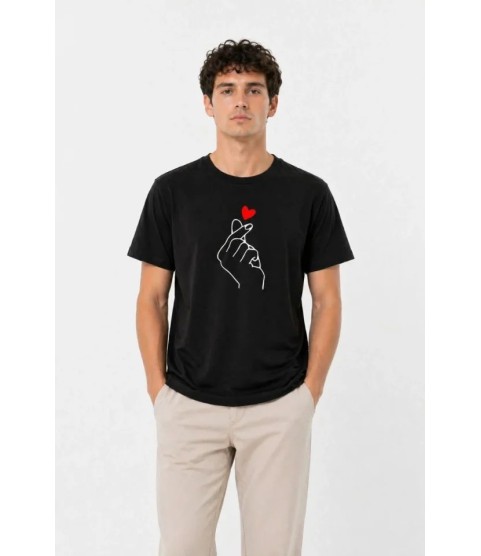 Erkek Kore Parmak Kalp Aşk Temalı Minimal Baskılı Tişört Yazlık Kısa Kol T-Shirt - Siyah
