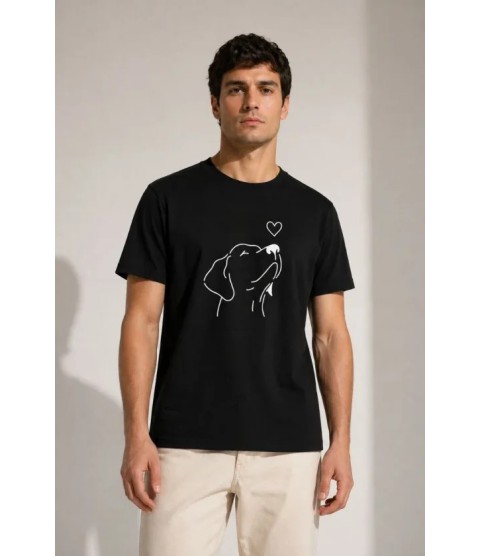 Erkek Köpek Figürlü Minimal Baskılı Tişört Kısa Kol Yazlık T-Shirt - Siyah