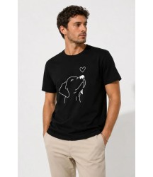 Erkek Köpek Figürlü Minimal Baskılı Tişört Kısa Kol Yazlık T-Shirt - Siyah