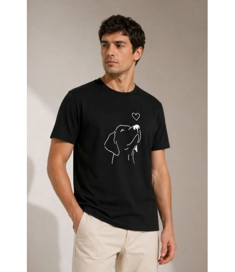 Erkek Köpek Figürlü Minimal Baskılı Tişört Kısa Kol Yazlık T-Shirt - Siyah
