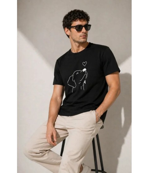 Erkek Köpek Figürlü Minimal Baskılı Tişört Kısa Kol Yazlık T-Shirt - Siyah