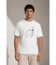 Erkek Köpek Figürlü Minimal Baskılı Tişört Kısa Kol Yazlık T-Shirt - Beyaz