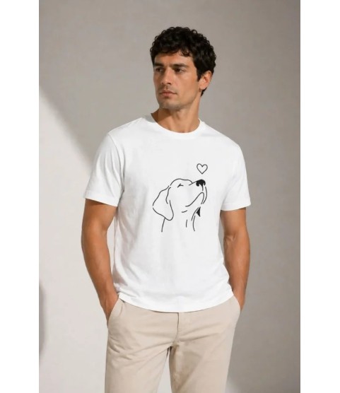 Erkek Köpek Figürlü Minimal Baskılı Tişört Kısa Kol Yazlık T-Shirt - Beyaz
