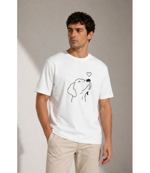 Erkek Köpek Figürlü Minimal Baskılı Tişört Kısa Kol Yazlık T-Shirt - Beyaz