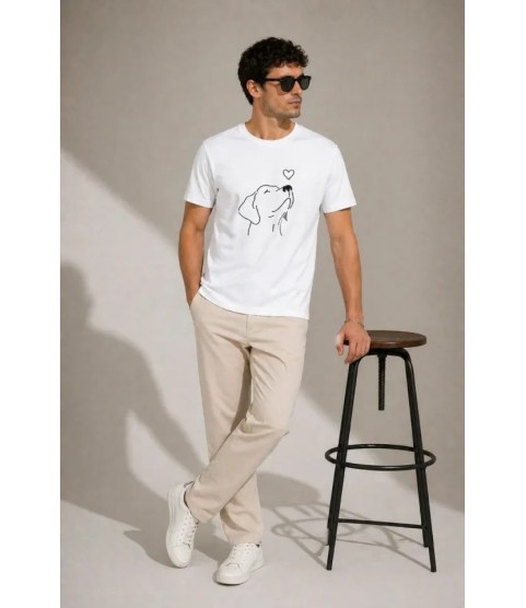 Erkek Köpek Figürlü Minimal Baskılı Tişört Kısa Kol Yazlık T-Shirt - Beyaz