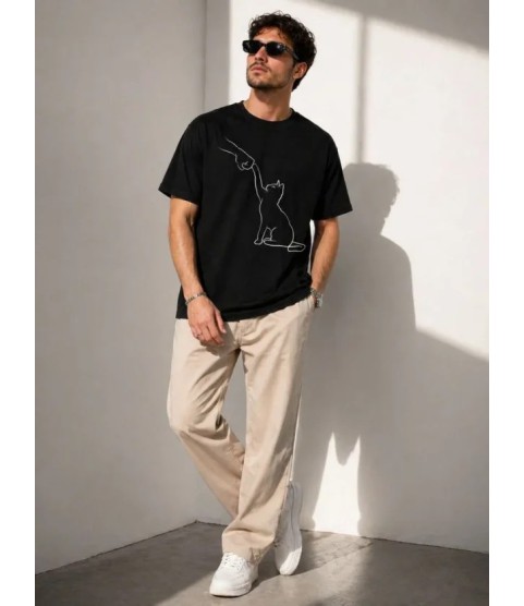 Erkek Minimal Kedi Çizim Baskılı Tişört Kısa Kol Yazlık T-Shirt - Siyah