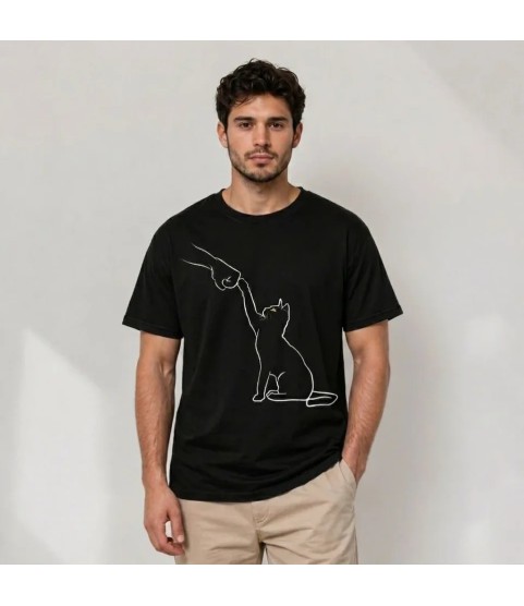 Erkek Minimal Kedi Çizim Baskılı Tişört Kısa Kol Yazlık T-Shirt - Siyah