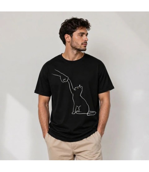 Erkek Minimal Kedi Çizim Baskılı Tişört Kısa Kol Yazlık T-Shirt - Siyah