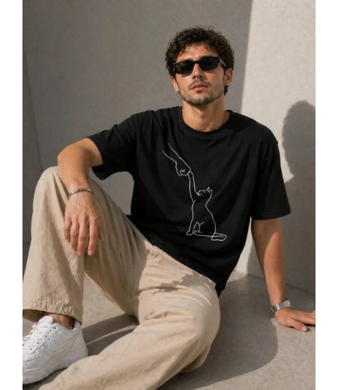 Erkek Minimal Kedi Çizim Baskılı Tişört Kısa Kol Yazlık T-Shirt - Siyah