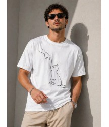 Erkek Minimal Kedi Çizim Baskılı Tişört Kısa Kol Yazlık T-Shirt - Beyaz