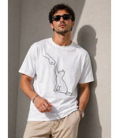 Erkek Minimal Kedi Çizim Baskılı Tişört Kısa Kol Yazlık T-Shirt - Beyaz