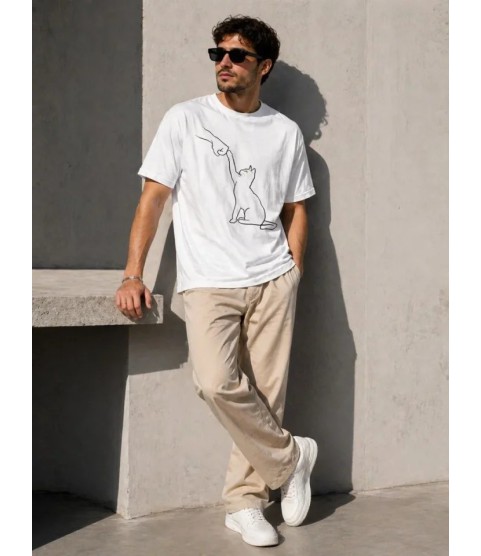 Erkek Minimal Kedi Çizim Baskılı Tişört Kısa Kol Yazlık T-Shirt - Beyaz