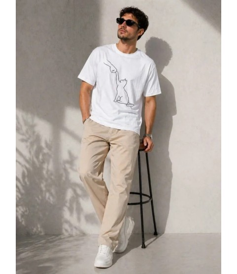Erkek Minimal Kedi Çizim Baskılı Tişört Kısa Kol Yazlık T-Shirt - Beyaz