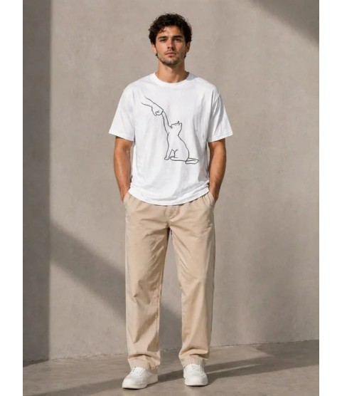 Erkek Minimal Kedi Çizim Baskılı Tişört Kısa Kol Yazlık T-Shirt - Beyaz
