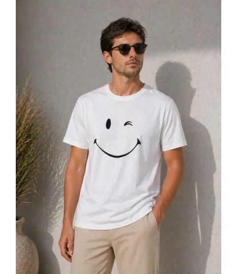 Erkek Minimal Gülümseyen Yüz Baskılı Tişört Kısa Kol Yazlık T-Shirt - Beyaz