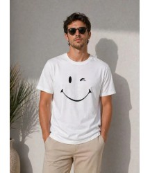 Erkek Minimal Gülümseyen Yüz Baskılı Tişört Kısa Kol Yazlık T-Shirt - Beyaz