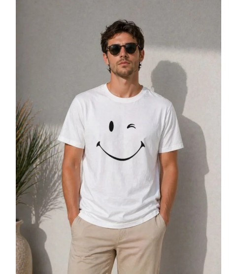 Erkek Minimal Gülümseyen Yüz Baskılı Tişört Kısa Kol Yazlık T-Shirt - Beyaz