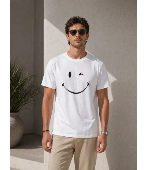 Erkek Minimal Gülümseyen Yüz Baskılı Tişört Kısa Kol Yazlık T-Shirt - Beyaz