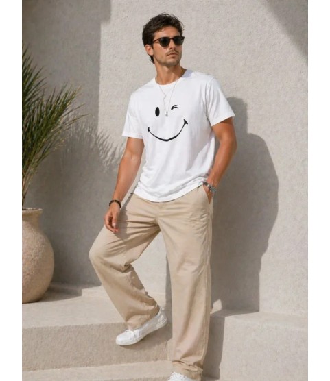 Erkek Minimal Gülümseyen Yüz Baskılı Tişört Kısa Kol Yazlık T-Shirt - Beyaz