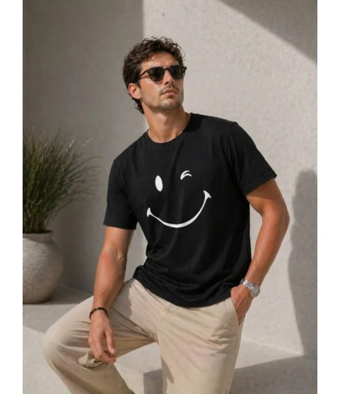 Erkek Minimal Gülümseyen Yüz Baskılı Tişört Kısa Kol Yazlık T-Shirt - Siyah
