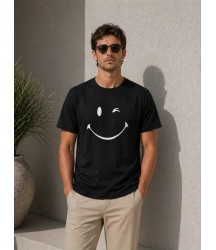 Erkek Minimal Gülümseyen Yüz Baskılı Tişört Kısa Kol Yazlık T-Shirt - Siyah