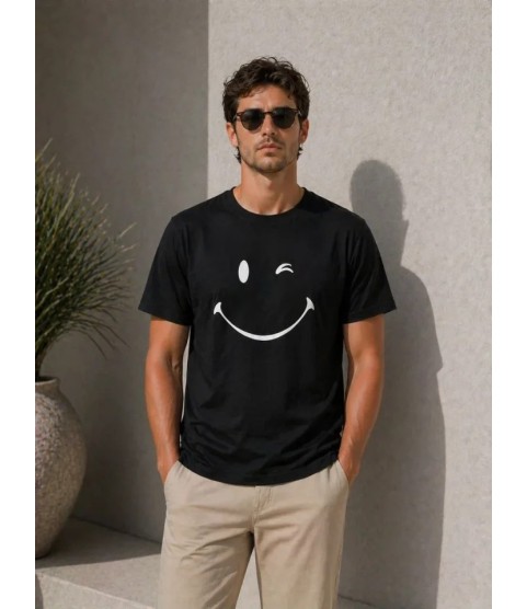 Erkek Minimal Gülümseyen Yüz Baskılı Tişört Kısa Kol Yazlık T-Shirt - Siyah