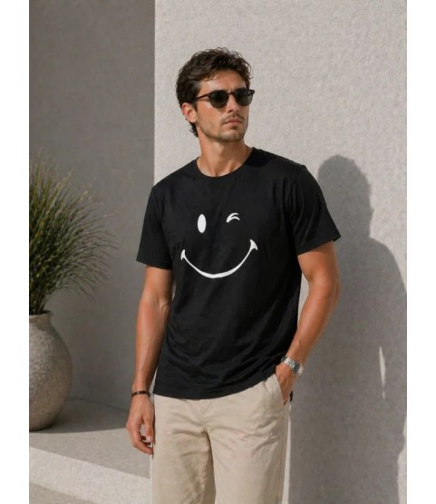 Erkek Minimal Gülümseyen Yüz Baskılı Tişört Kısa Kol Yazlık T-Shirt - Siyah