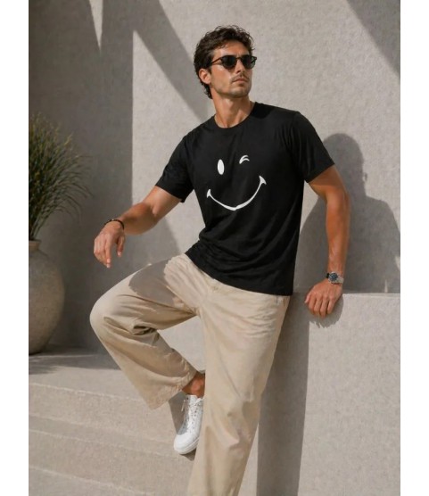 Erkek Minimal Gülümseyen Yüz Baskılı Tişört Kısa Kol Yazlık T-Shirt - Siyah