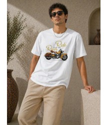Erkek Motosiklet Baskılı Tişört Bisiklet Yaka Kısa Kol Yazlık T-Shirt - Beyaz
