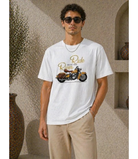 Erkek Motosiklet Baskılı Tişört Bisiklet Yaka Kısa Kol Yazlık T-Shirt - Beyaz