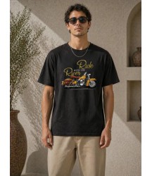 Erkek Motosiklet Baskılı Tişört Bisiklet Yaka Kısa Kol Yazlık T-Shirt - Siyah