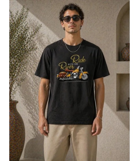 Erkek Motosiklet Baskılı Tişört Bisiklet Yaka Kısa Kol Yazlık T-Shirt - Siyah