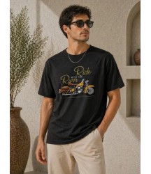 Erkek Motosiklet Baskılı Tişört Bisiklet Yaka Kısa Kol Yazlık T-Shirt - Siyah