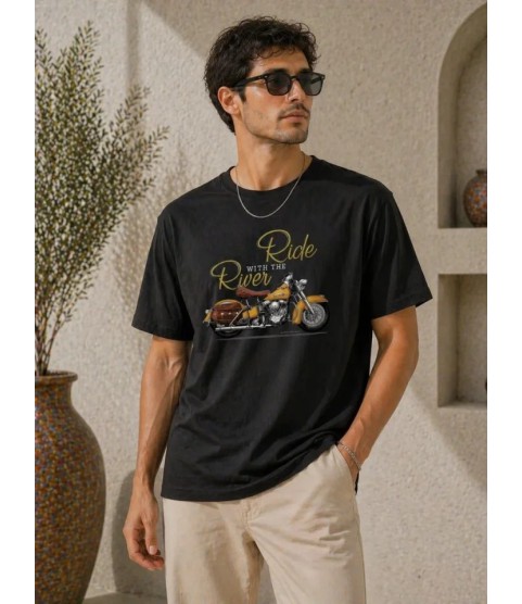 Erkek Motosiklet Baskılı Tişört Bisiklet Yaka Kısa Kol Yazlık T-Shirt - Siyah