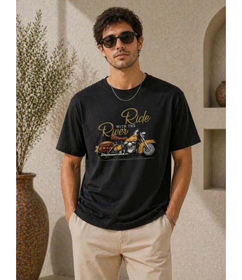 Erkek Motosiklet Baskılı Tişört Bisiklet Yaka Kısa Kol Yazlık T-Shirt - Siyah