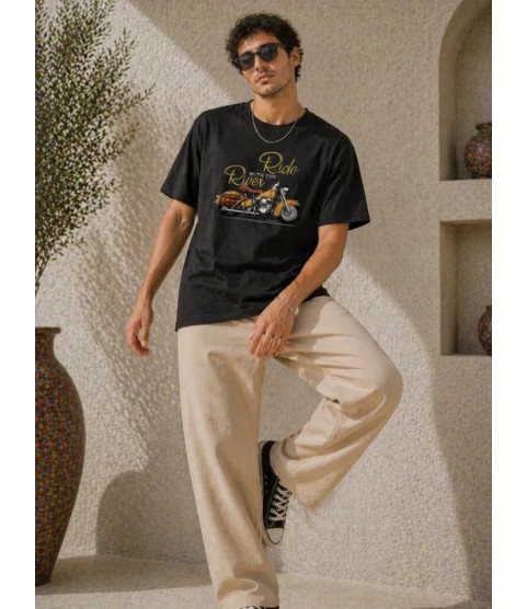 Erkek Motosiklet Baskılı Tişört Bisiklet Yaka Kısa Kol Yazlık T-Shirt - Siyah