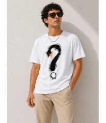 Erkek Kuğu Figürlü Soru İşareti Baskılı Tişört Kısa Kol T-Shirt - Beyaz
