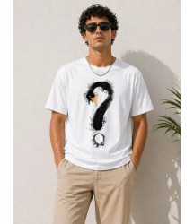 Erkek Kuğu Figürlü Soru İşareti Baskılı Tişört Kısa Kol T-Shirt - Beyaz