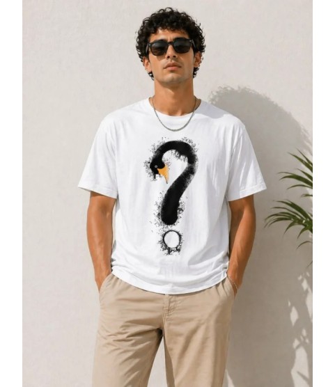 Erkek Kuğu Figürlü Soru İşareti Baskılı Tişört Kısa Kol T-Shirt - Beyaz