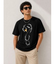 Erkek Kuğu Figürlü Soru İşareti Baskılı Tişört Kısa Kol T-Shirt - Siyah