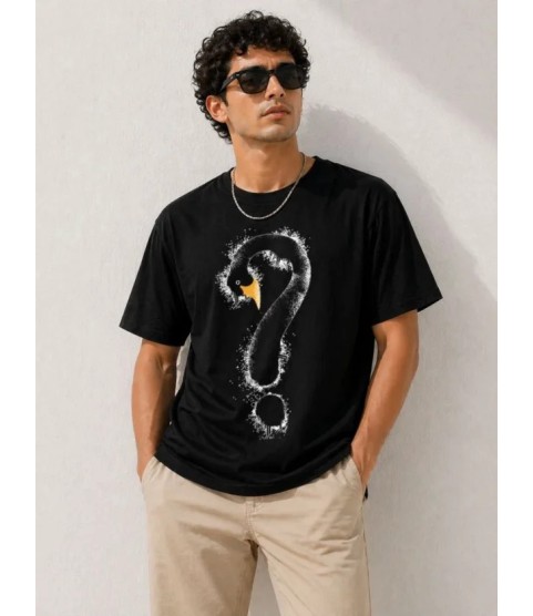 Erkek Kuğu Figürlü Soru İşareti Baskılı Tişört Kısa Kol T-Shirt - Siyah