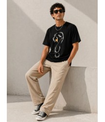 Erkek Kuğu Figürlü Soru İşareti Baskılı Tişört Kısa Kol T-Shirt - Siyah