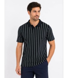 Erkek Pike Kumaş Çizgili Polo Yaka Tişört Kısa Kol Yazlık T-Shirt - Siyah